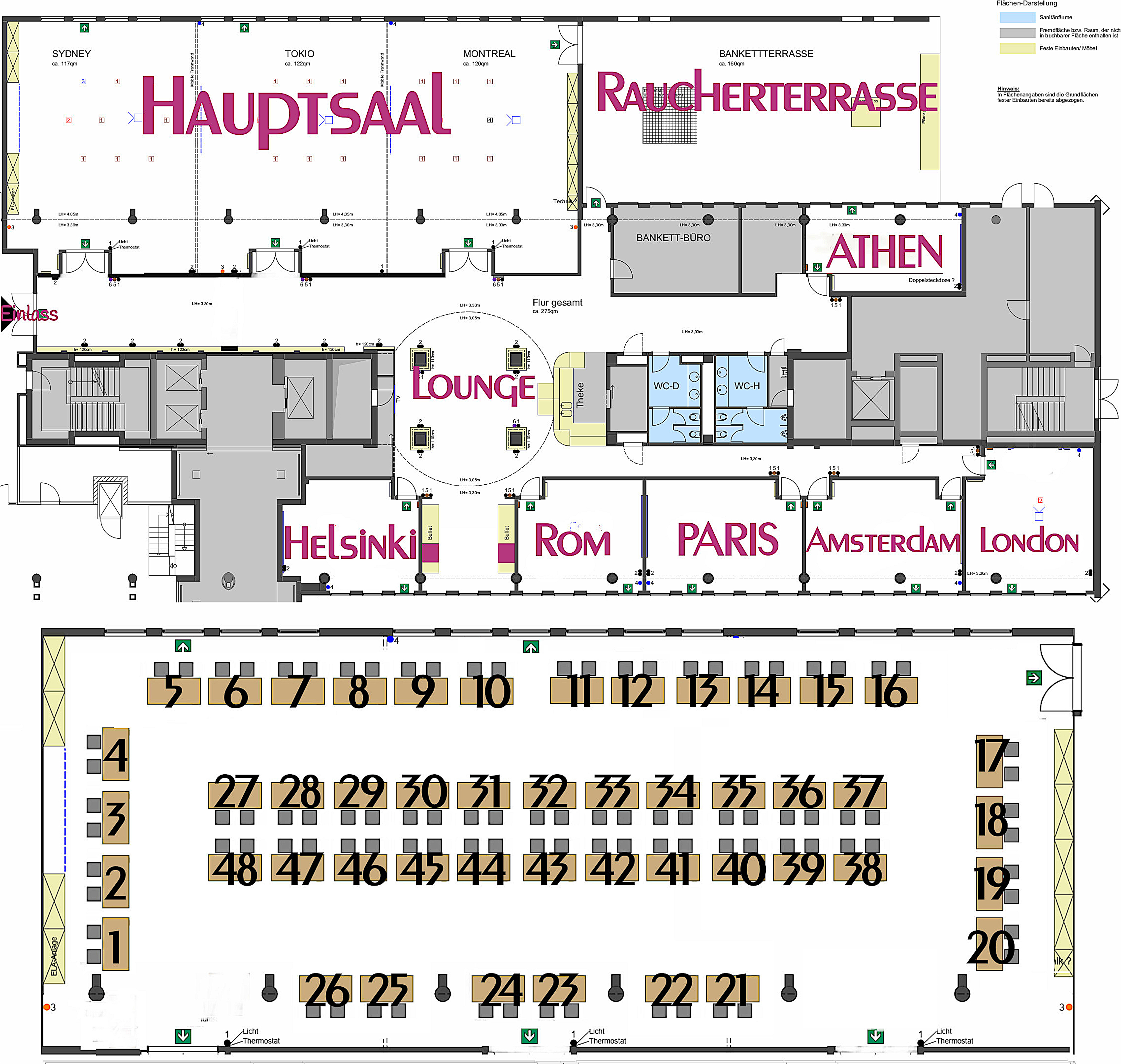 Ansicht Ergeschoss, sowie Tischplan Saal 1